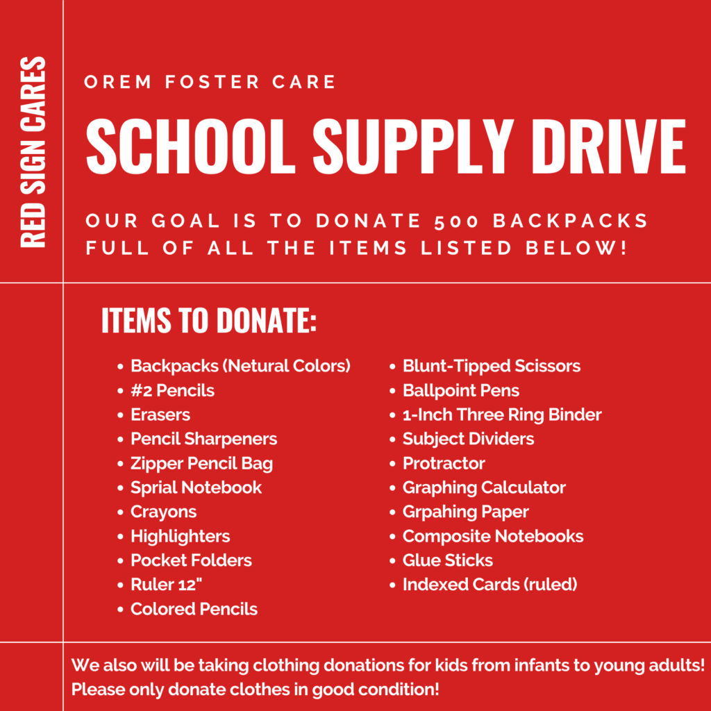 Foster Care School Supply Drive 2022 – Red Sign Cares